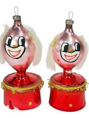 Vintage Bradford Clown Head Mercury Glass Christmas Ornaments Red Pink
